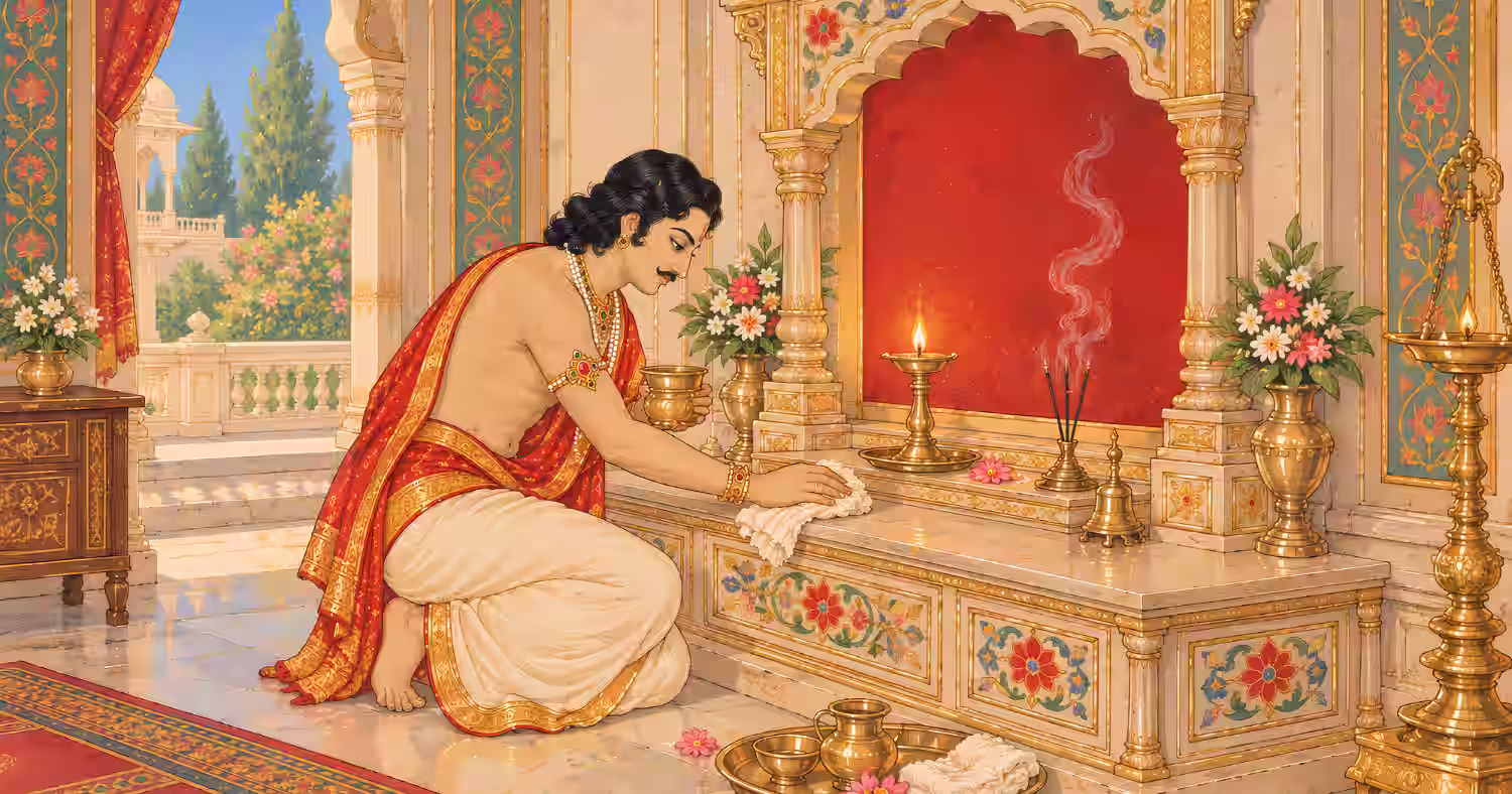 A devout man in traditional clothing cleaning a home temple altar in preparation for daily morning prayers.