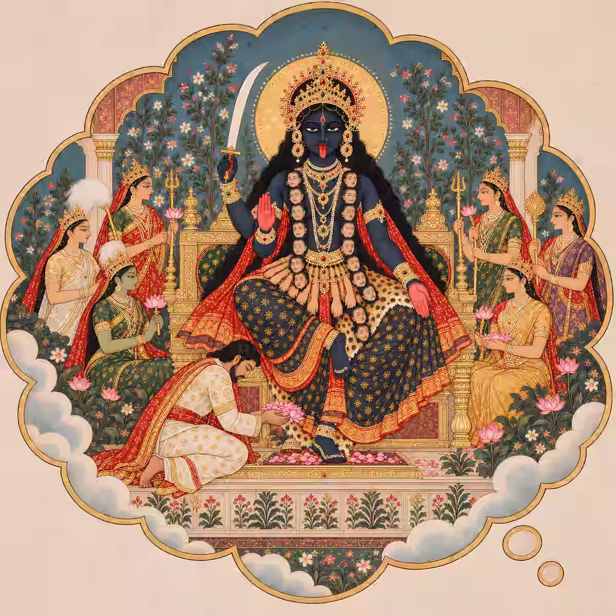 Illustration of a devoted follower offering pink lotus flowers at the feet of Goddess Kali inside a decorative frame.