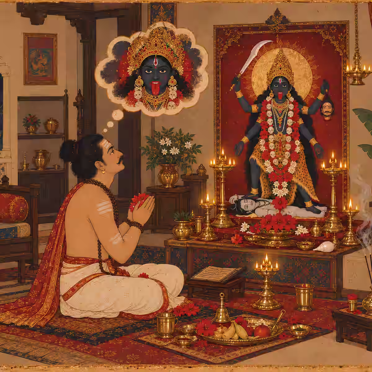 A Hindu devotee performing daily Kali Puja at a traditional home altar while envisioning the goddess.