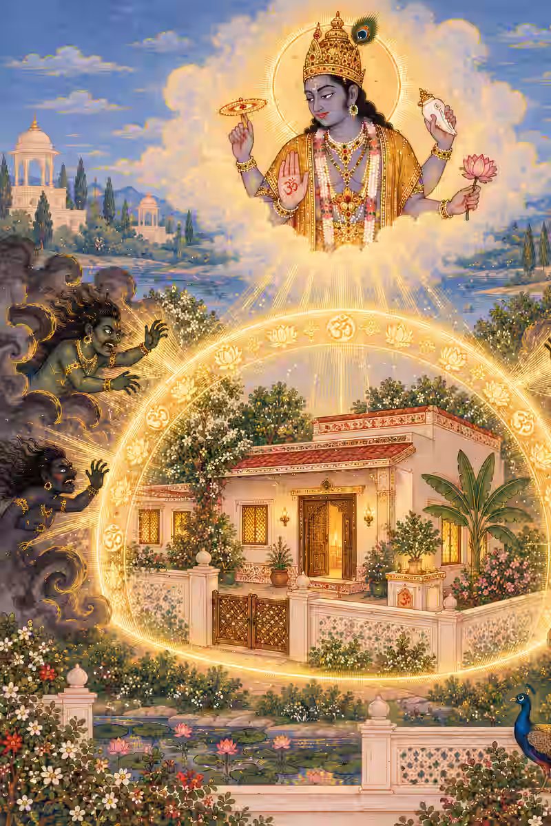 A beautifully lit traditional home surrounded by a glowing spiritual shield that blocks demons and negative energies, with Lord Vishnu offering blessings from above.