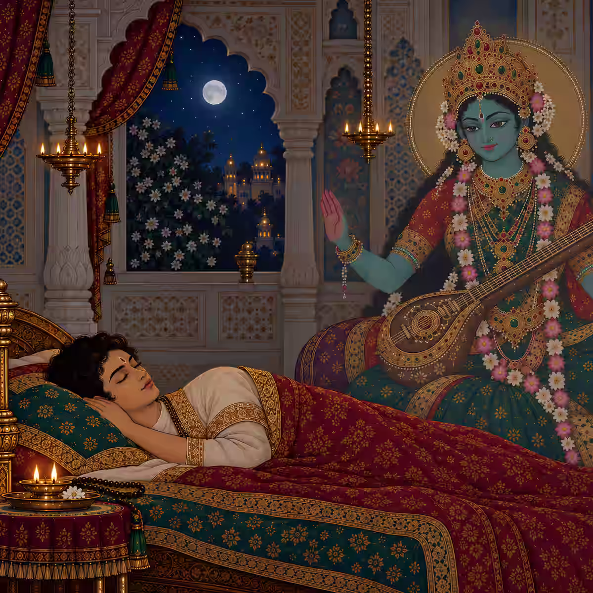 A peaceful young man sleeping in a royal bed chamber receiving a divine nighttime vision from a beautifully adorned Goddess holding a veena.