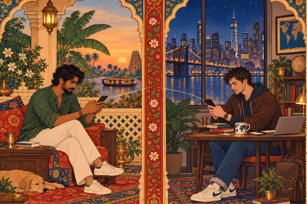Split illustration showing two young men connecting via smartphones, contrasting traditional Indian backwaters with a modern Western city skyline.