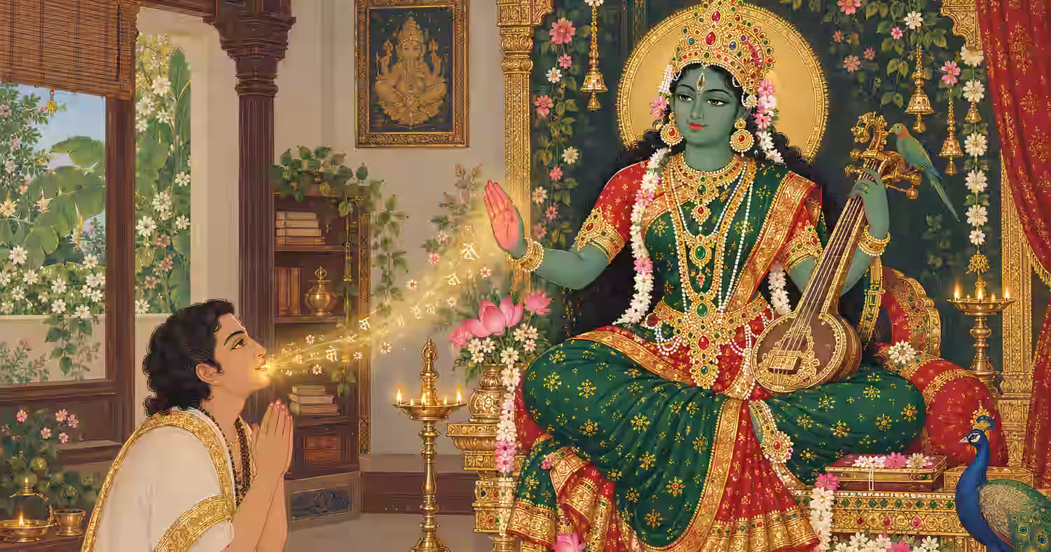 A green-complexioned Hindu Goddess playing a veena, radiating divine light to bless a praying young devotee as glowing Sanskrit letters flow between them.