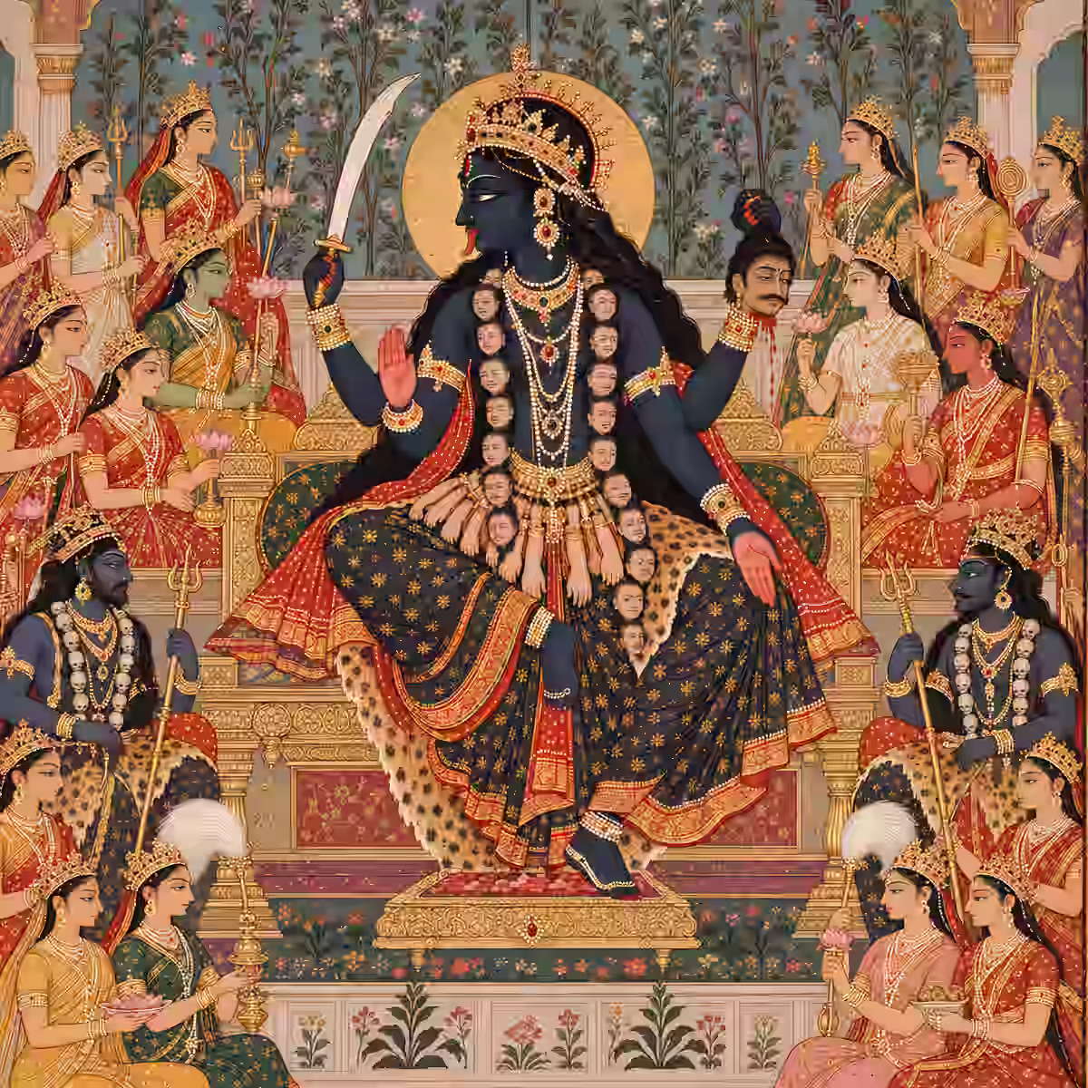 Traditional Indian painting of Goddess Kali seated on a royal throne holding a sword, surrounded by deities and attendants.