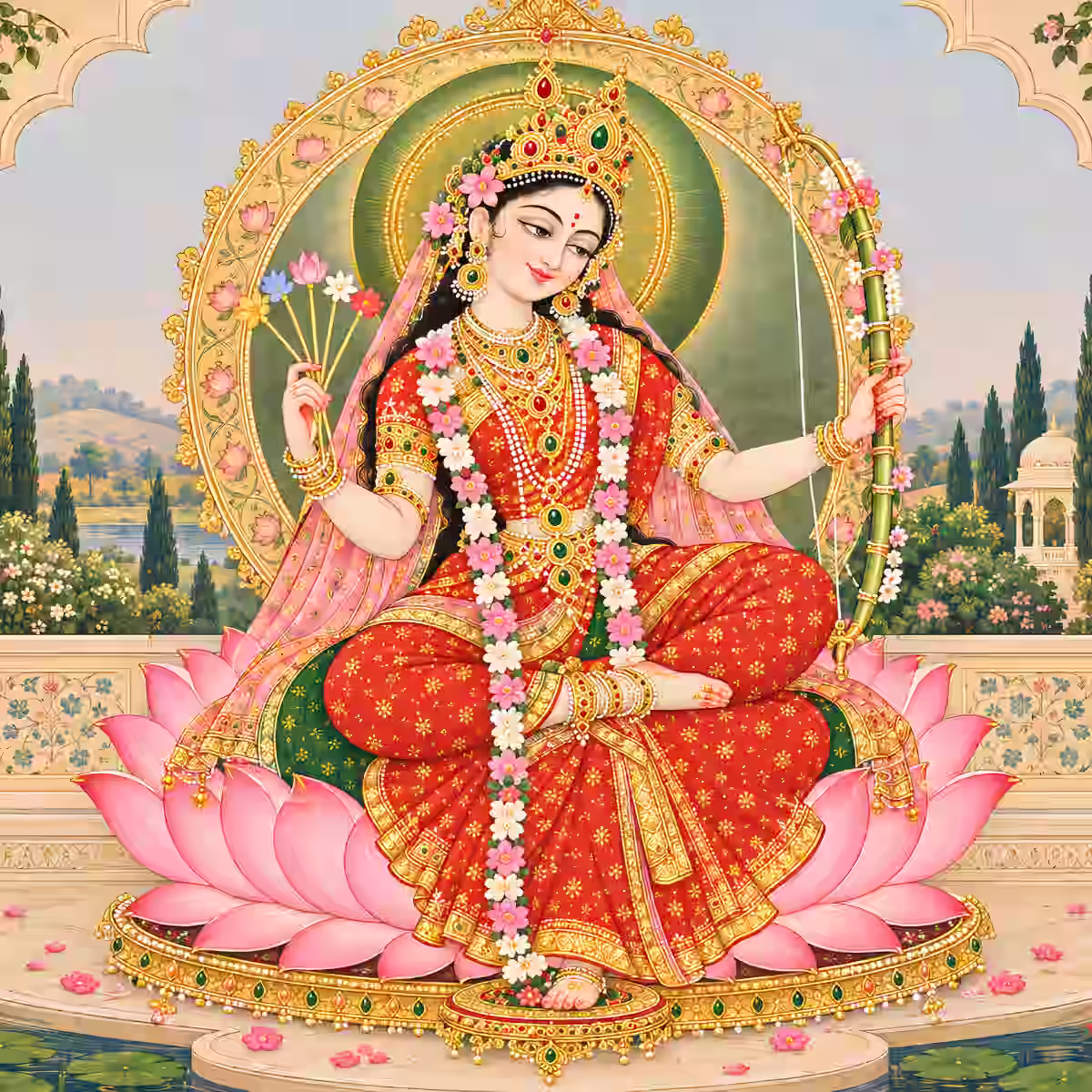 The radiant Goddess Lalita Tripura Sundari seated on a giant pink lotus flower, gracefully holding a sugarcane bow and five floral arrows.