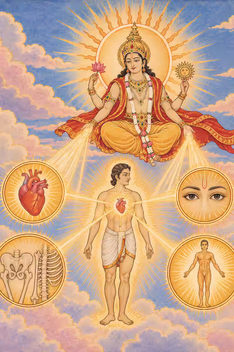 Lord Surya radiating healing solar energy to strengthen a man's heart, bones, eyes, and overall physical body.