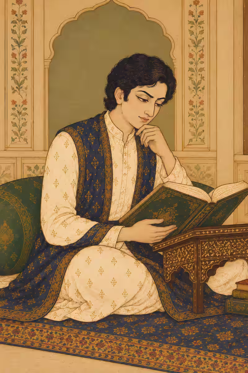 A young man peacefully reading a sacred text on a bookstand, representing the improved learning abilities and concentration provided by the 3 Mukhi Rudraksha.