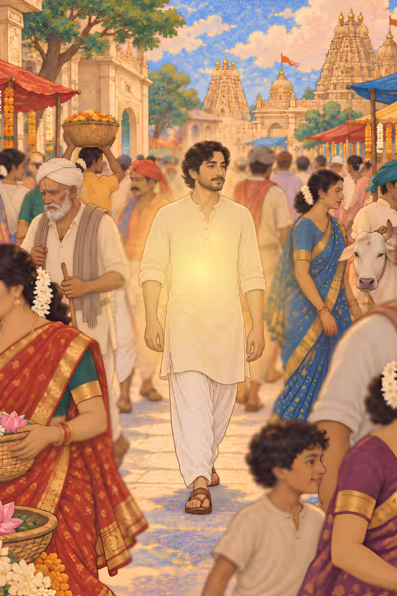A confident young man glowing with spiritual energy walking through a busy traditional Indian temple street.