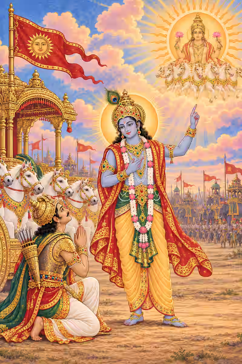Lord Krishna guiding Arjuna on the Kurukshetra battlefield with the Sun God shining brightly overhead.