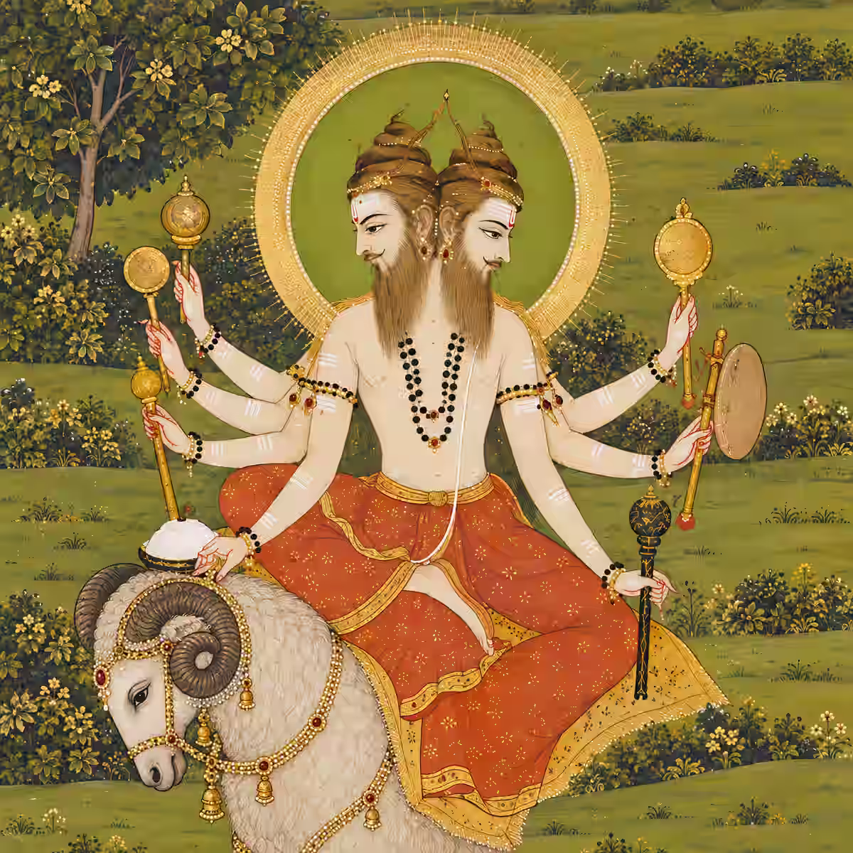 A depiction of Lord Agni, the two-headed fire god riding a white ram, who is the ruling deity of the 3 Mukhi Rudraksha.