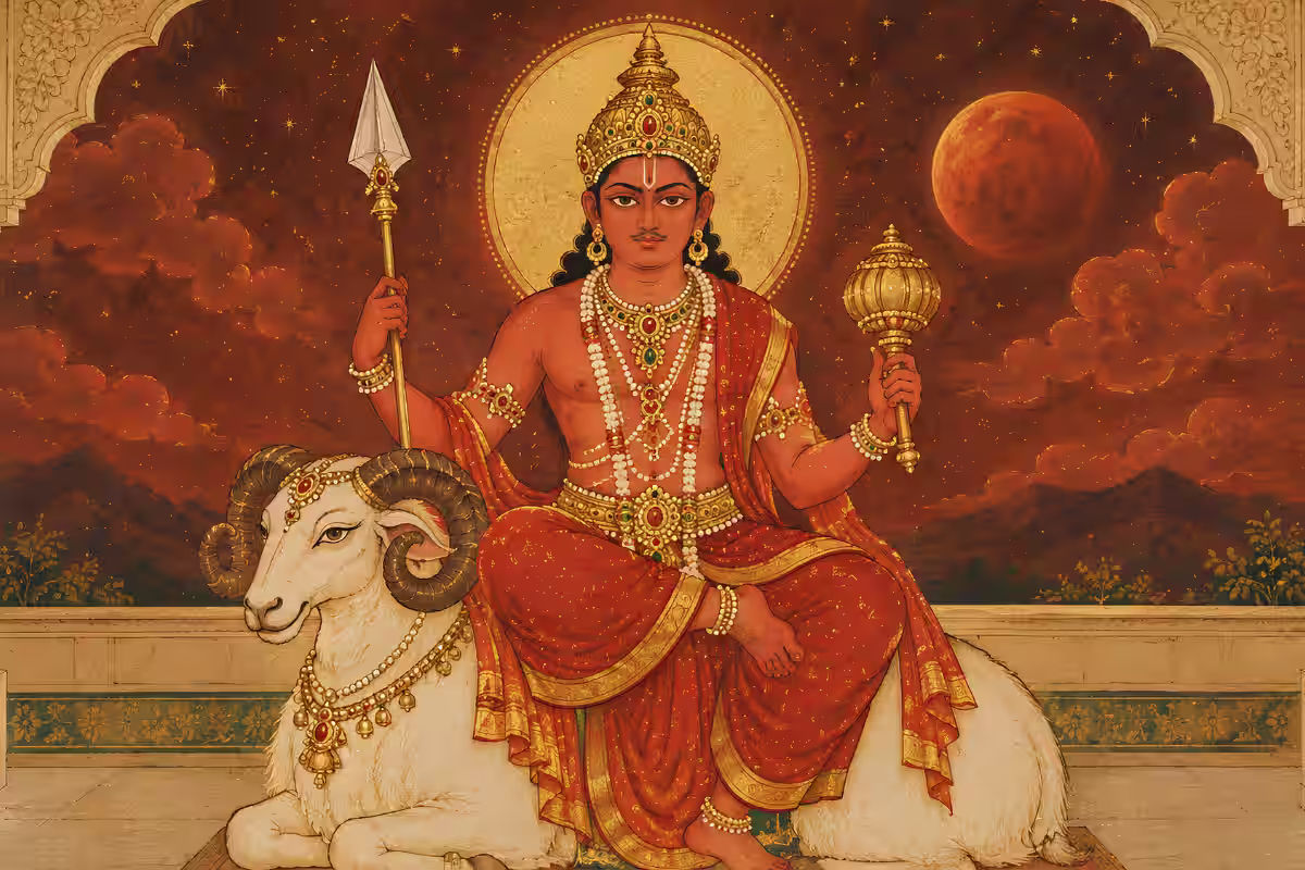 Traditional artwork of the Hindu deity Mangal (Mars) riding a ram, representing the ruling planet that empowers the three-faced Rudraksha.