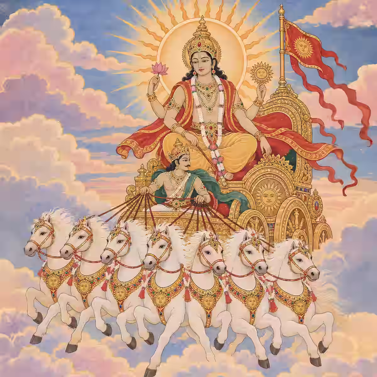 Lord Surya riding his golden chariot driven by Aruna and drawn by seven white horses through the clouds.