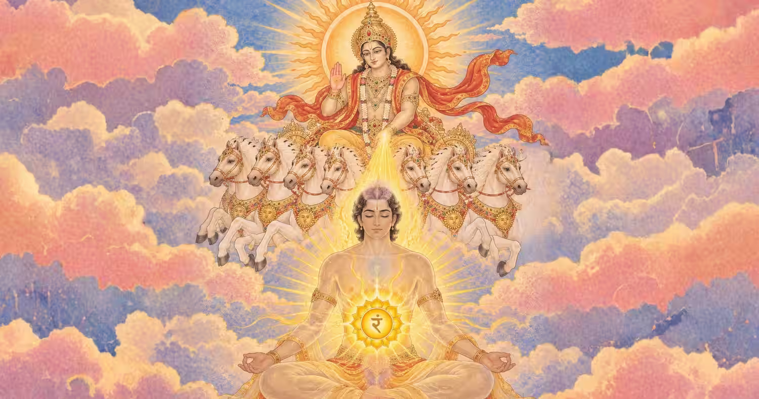 Lord Surya blessing a meditating man with golden light to awaken his Solar Plexus (Manipura) chakra.