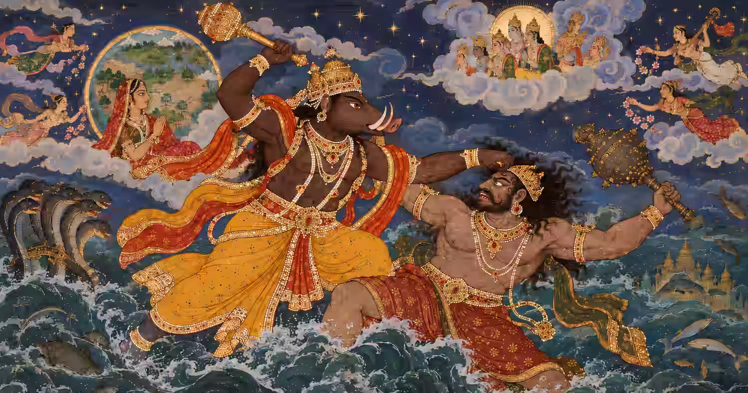 The epic cosmic battle showing Lord Varaha striking down the powerful demon Hiranyaksha with his mace in the ocean waves, as Goddess Earth watches safely from the sky.
