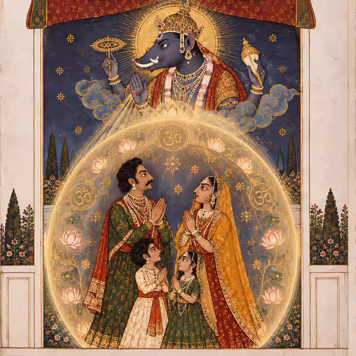 Lord Varaha bestowing his divine blessings upon a family standing inside a glowing, protective spiritual shield filled with Om symbols and lotuses.