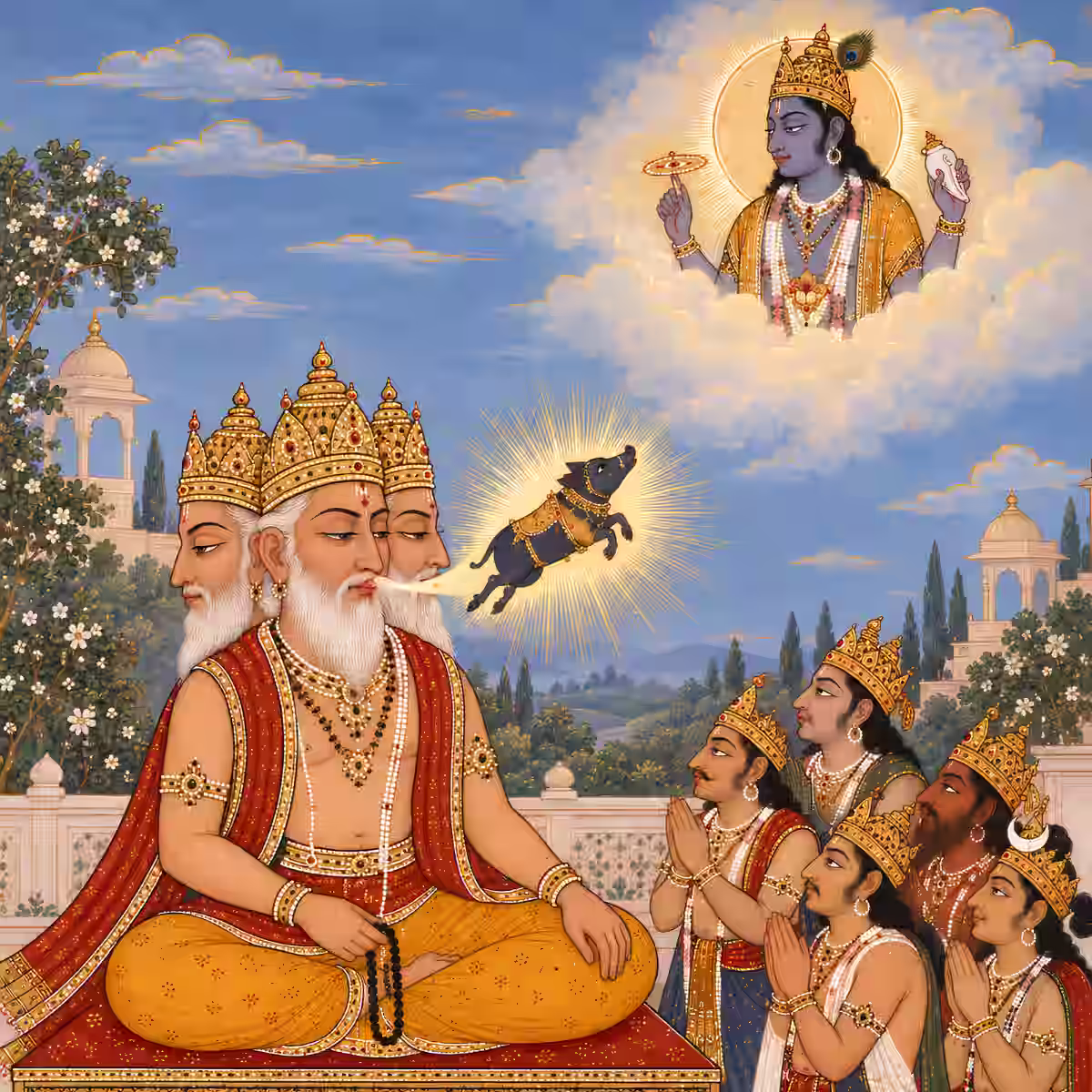 A divine depiction of the tiny boar, Lord Varaha, emerging from the nostril of a four-headed Lord Brahma while Lord Vishnu watches from the clouds.