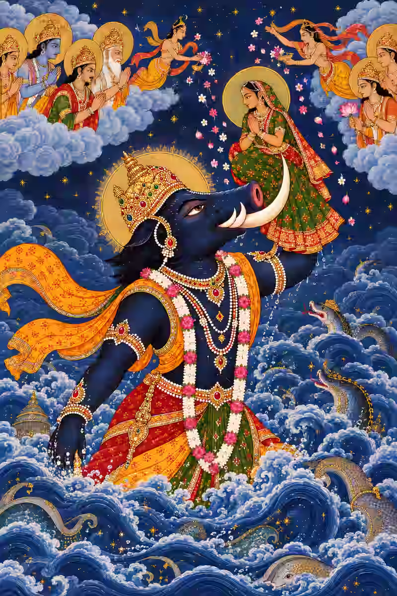 Lord Varaha rising from the turbulent cosmic ocean, safely lifting Mother Earth (Goddess Bhudevi) on his tusks while celestial deities shower flowers.