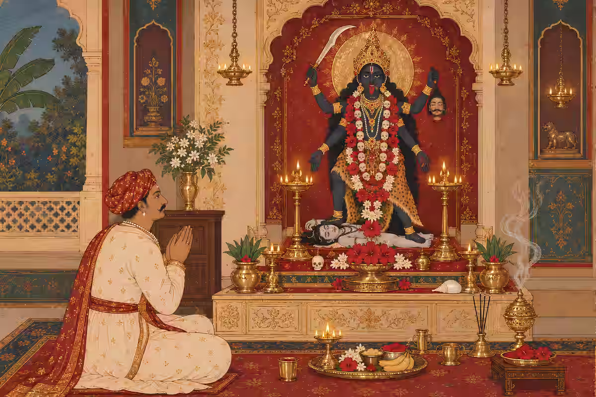 A man in traditional Indian attire performing sacred rituals at a grand temple altar dedicated to Goddess Kali.