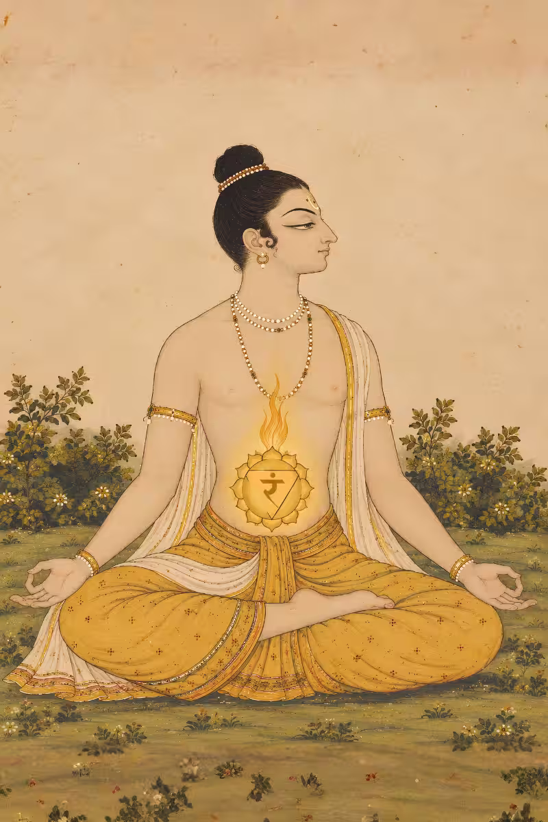 A man in deep meditation with a glowing yellow Manipura chakra symbol at his solar plexus, which is balanced by wearing a Teen Mukhi Rudraksha.