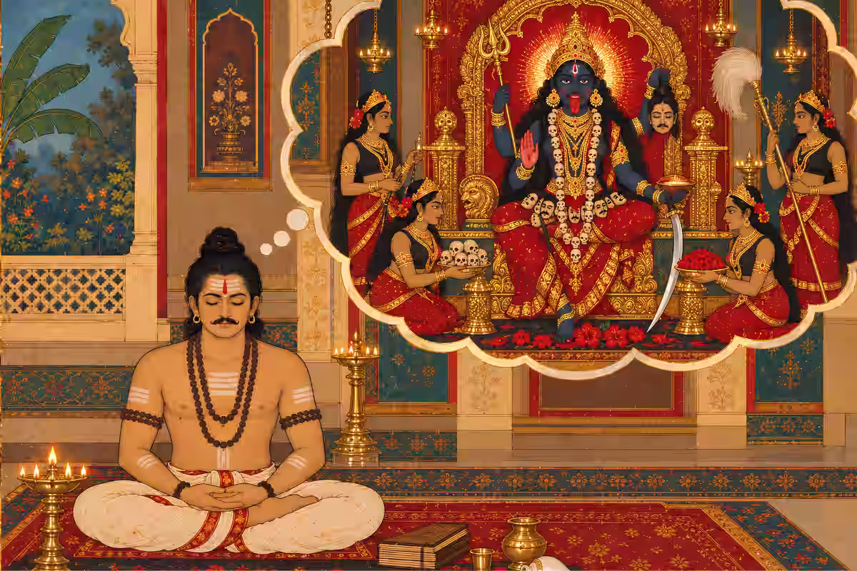 A seated man with rudraksha beads meditating deeply and experiencing a divine vision of Goddess Kali and her attendants.