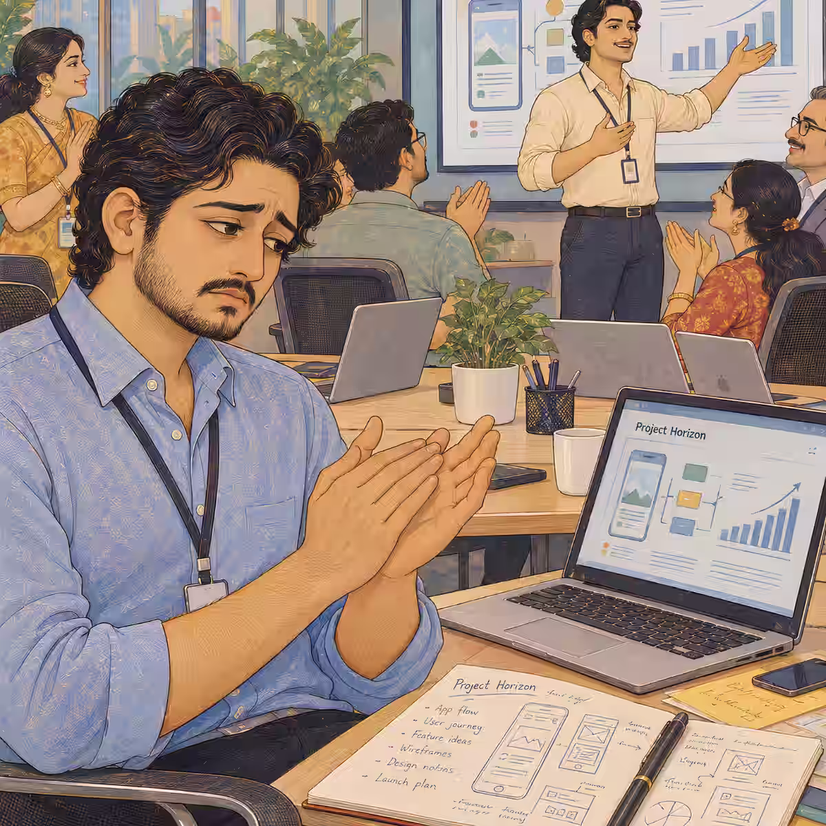A young Indian professional reflecting at his office desk while colleagues applaud a presentation in the background.