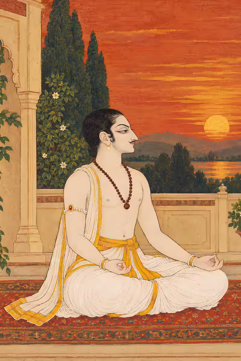 A young man sitting in a meditative posture facing a bright sunrise, symbolizing the inner peace and focus gained from Rudraksha therapy.