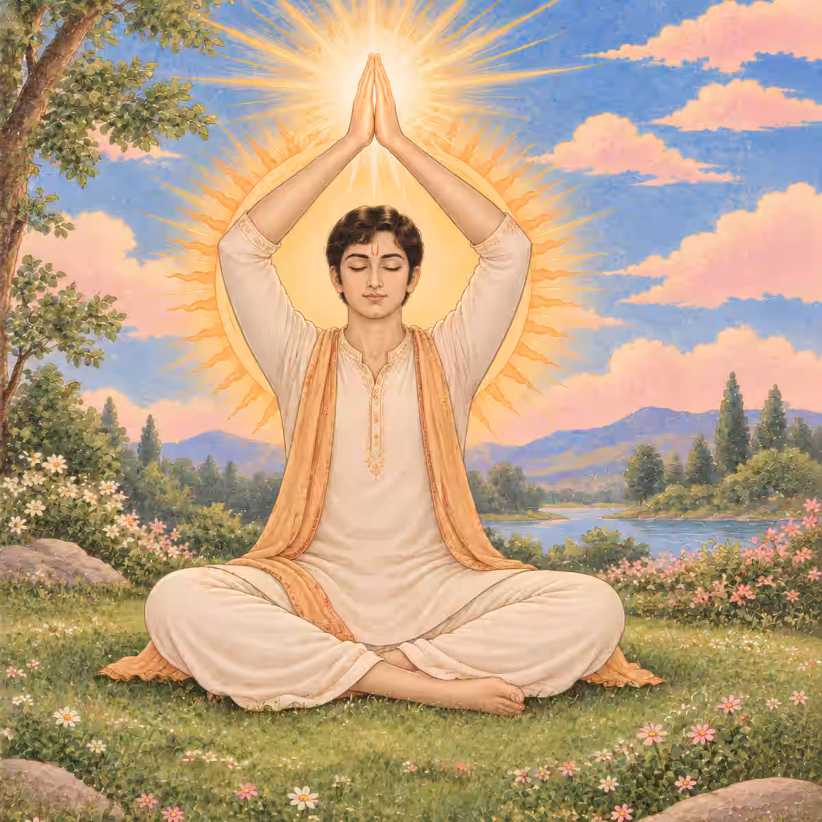 A young man in traditional attire meditating outdoors at sunrise, offering prayers to the sun god.