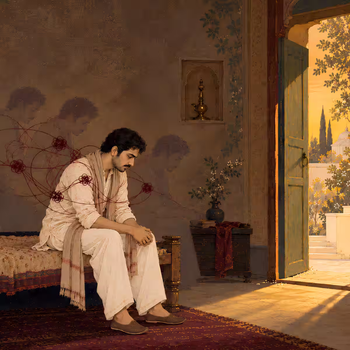 A stressed man sitting on a bed surrounded by tangled red lines, depicting the mental blockages and anxiety that the 3 Mukhi Rudraksha helps clear.