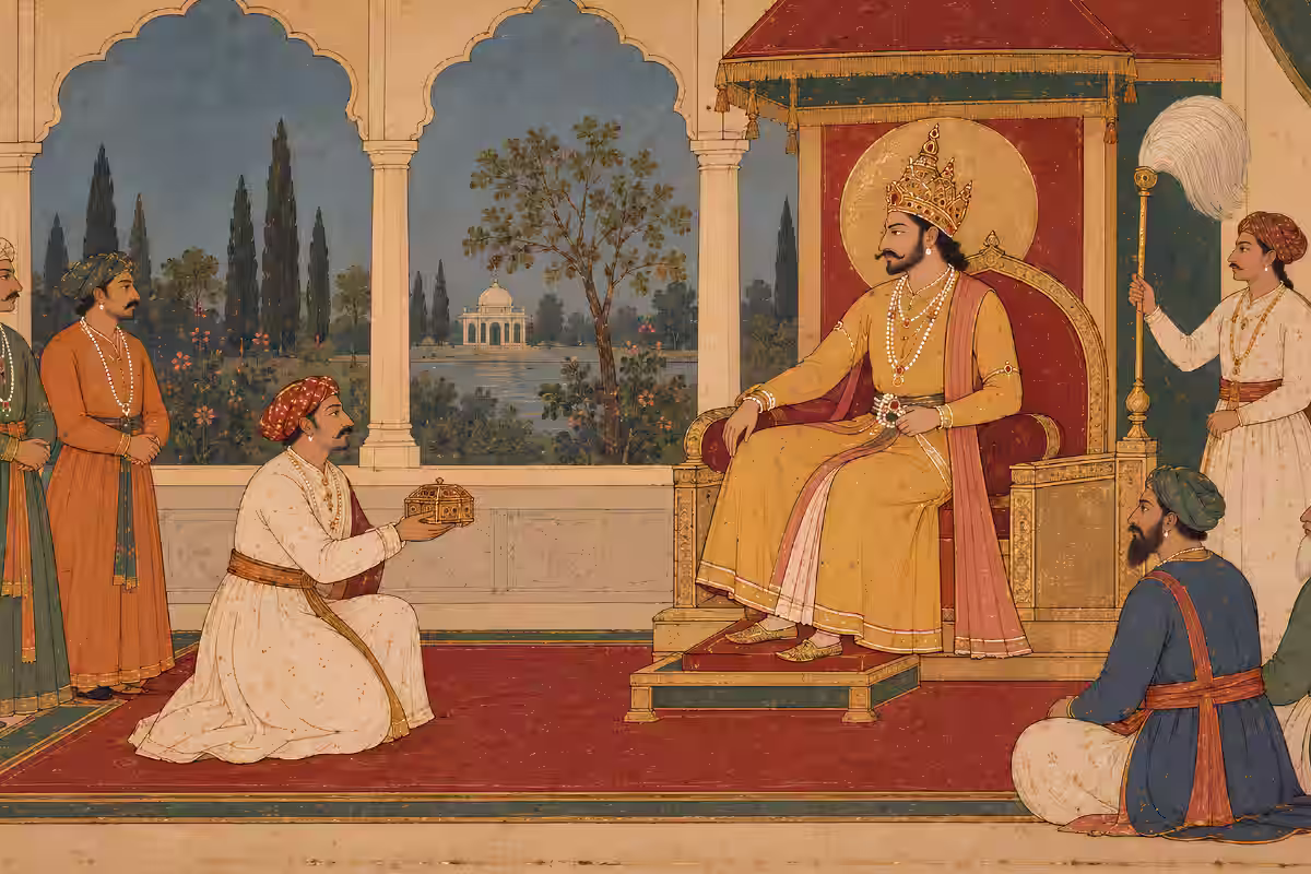 Historical Indian artwork depicting a nobleman presenting a decorated treasure box to a king seated on a throne.