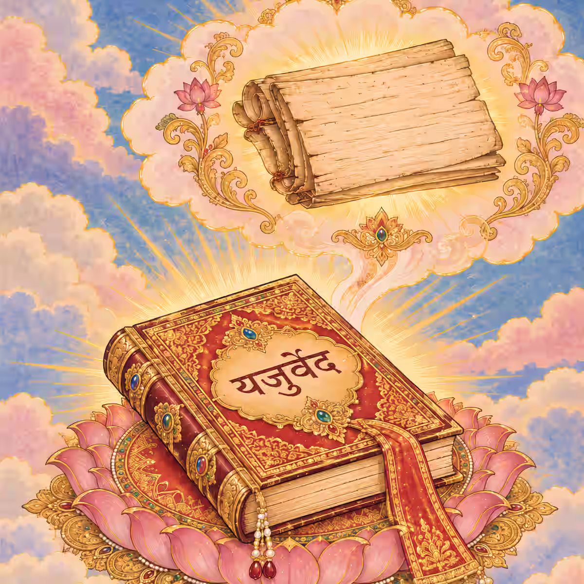 The sacred Hindu scripture Yajurveda resting on a lotus flower beneath a glowing ancient palm-leaf manuscript.