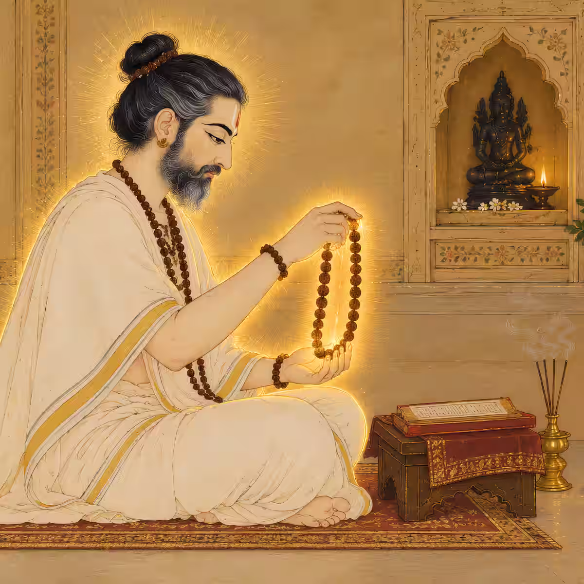 serene sage in a white dhoti chanting mantras while holding a glowing Rudraksha mala in a traditional temple room.