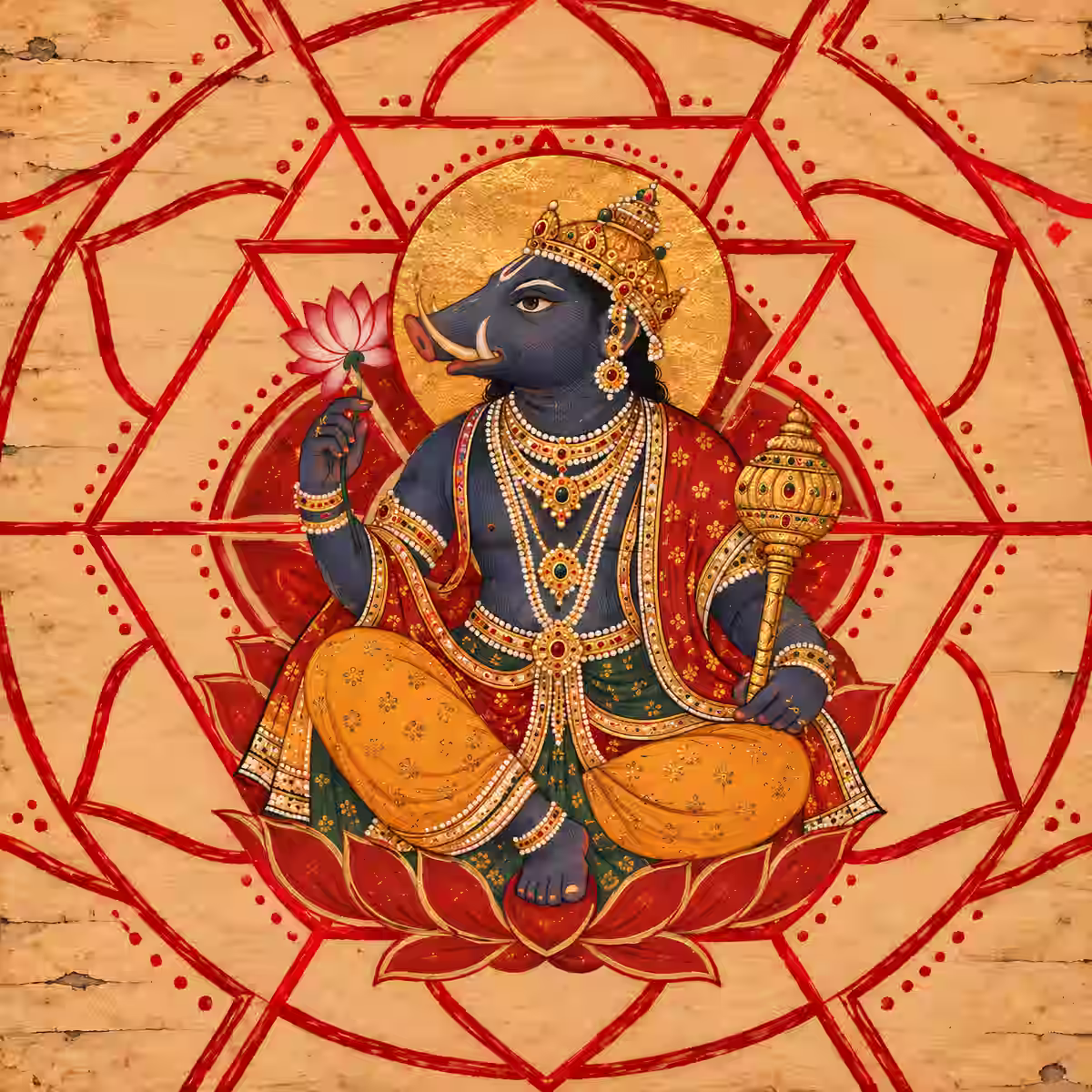 A detailed painting of Lord Varaha seated inside a red geometric mandala, holding a pink lotus flower and a golden mace.