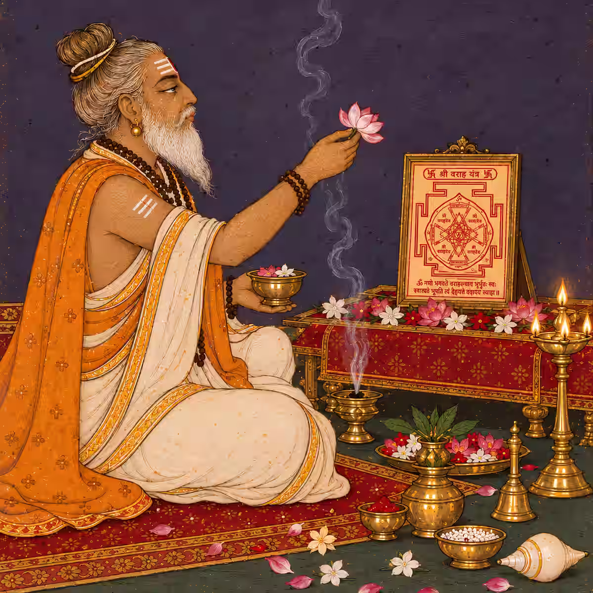 A Hindu sage performing a traditional Vedic puja with lotus flowers, incense, and brass lamps in front of a sacred Sri Varaha Yantra.