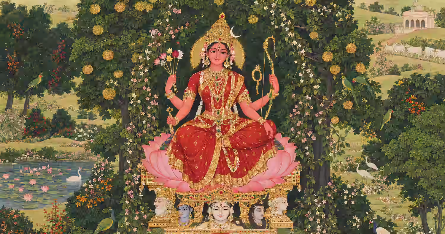 A majestic multi-armed Hindu Goddess dressed in red, seated on a pink lotus throne and surrounded by a lush, tranquil forest.