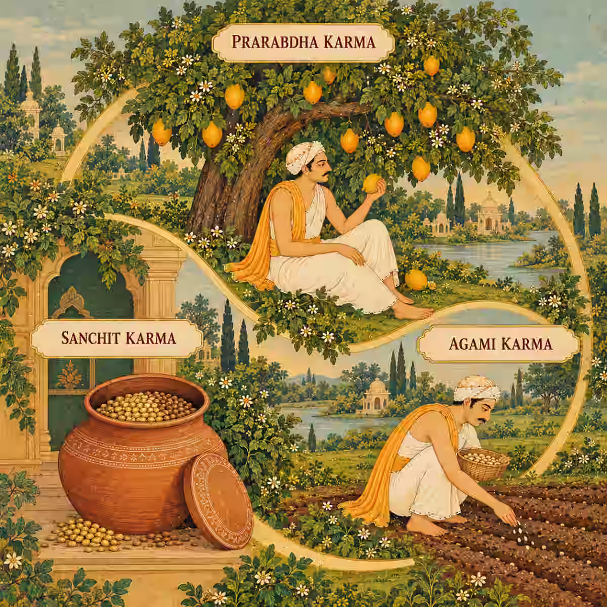 Conceptual artwork explaining the three types of Karma—Sanchit (stored), Prarabdha (experiencing), and Agami (future)—which the 3 Mukhi bead helps purify.