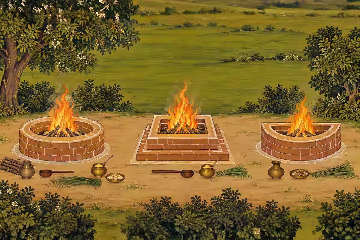 Illustration of circular, square, and semi-circular Vedic fire pits burning brightly, representing the sacred fire associated with the 3 Mukhi Rudraksha.