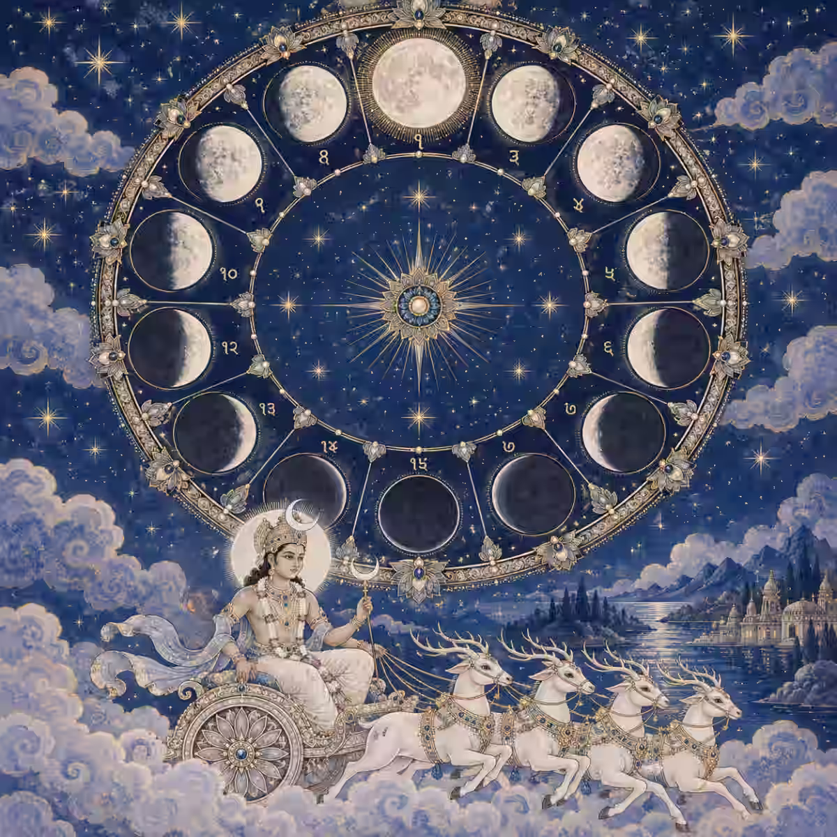 A detailed cosmic chart displaying the moon's phases above a celestial deity riding a chariot drawn by white deer.