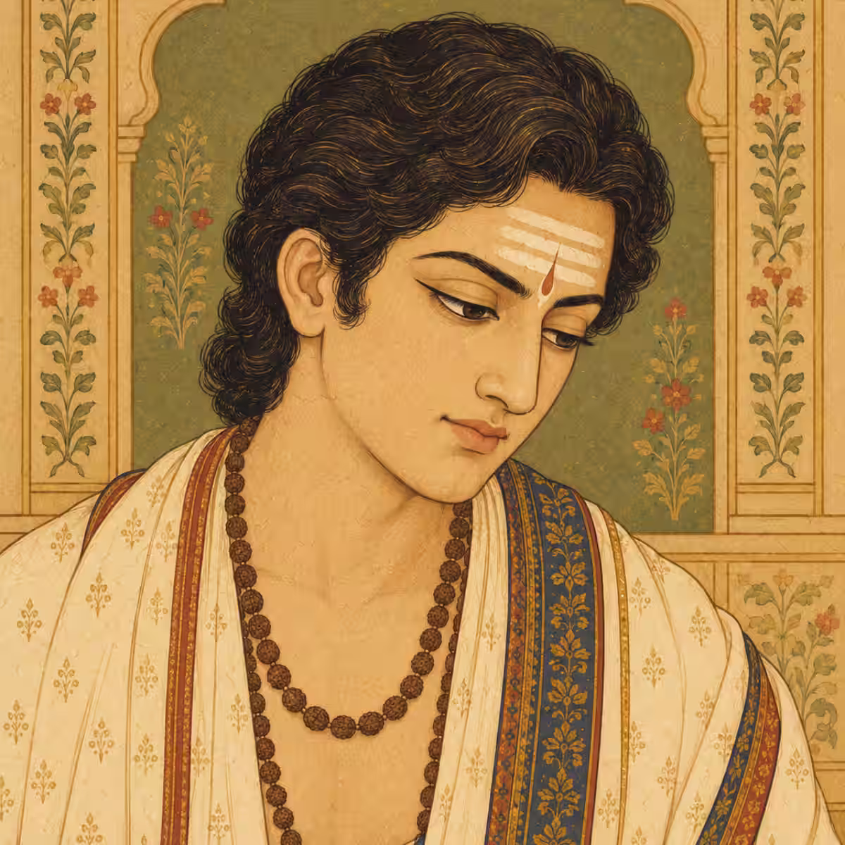 A serene young man with a Shaivite tripundra on his forehead wearing layered Rudraksha malas, representing the spiritual focus and inner calm gained from the sacred beads.