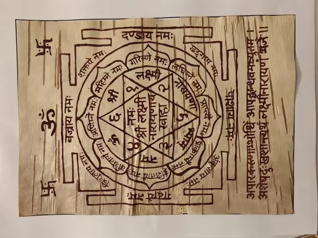 A top-down, detailed view of a completed, hand-drawn Yantra on a rectangular sheet of textured Himalayan Bhojpatra. The central design features a complex star polygon enclosed within concentric circles and a square 'Bhupura' border with four ceremonial gates. The Yantra is inscribed with precise Sanskrit calligraphy using traditional maroon Ashtagandha ink, featuring the central mantra 'Om Namah Shri Lakshmi Narayanaya Swaha.' Sacred symbols like the Om and Swastika are positioned on the left margin, while a vertical Sanskrit verse is inscribed on the right.